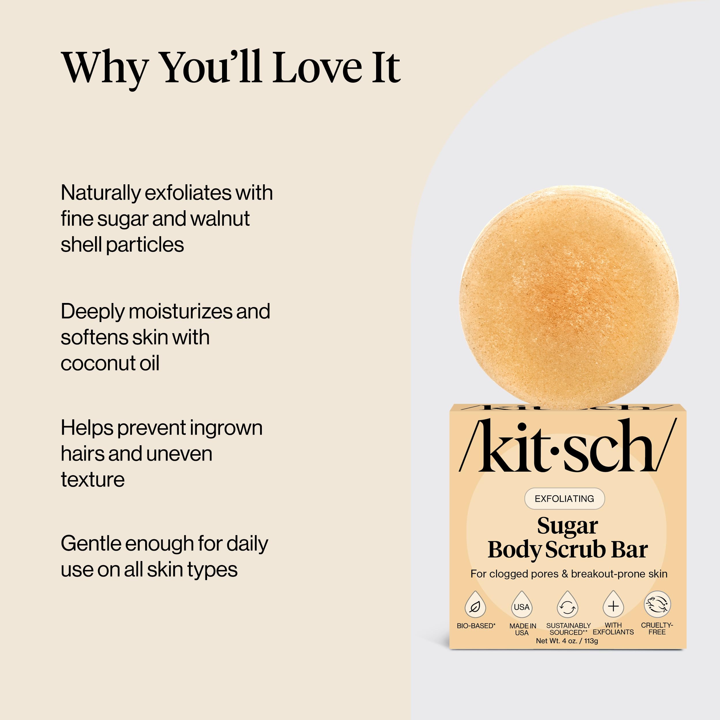 Kitsch Exfoliating Sugar Scrub Bar application shows smoother skin texture.
