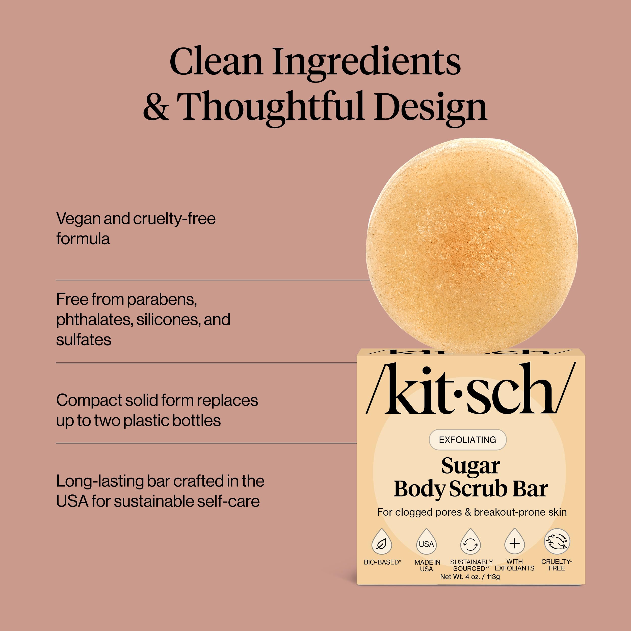 Kitsch Exfoliating Sugar Scrub Bar coconut oil feature emphasizes hydrating care.