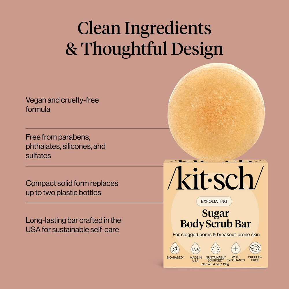 Kitsch Exfoliating Sugar Scrub Bar coconut oil feature emphasizes hydrating care.