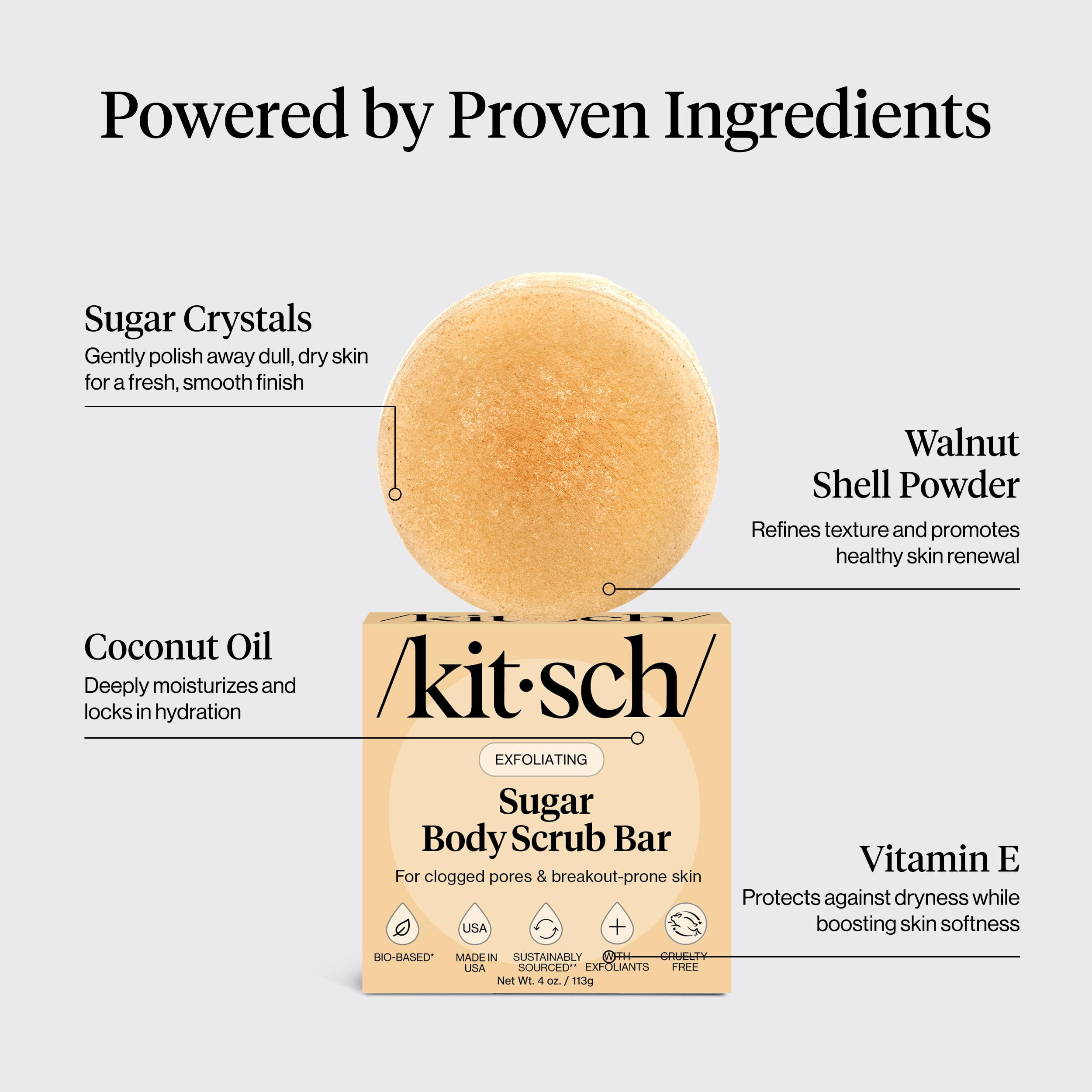 Kitsch Exfoliating Sugar Scrub Bar creamy lather supports skin hydration.