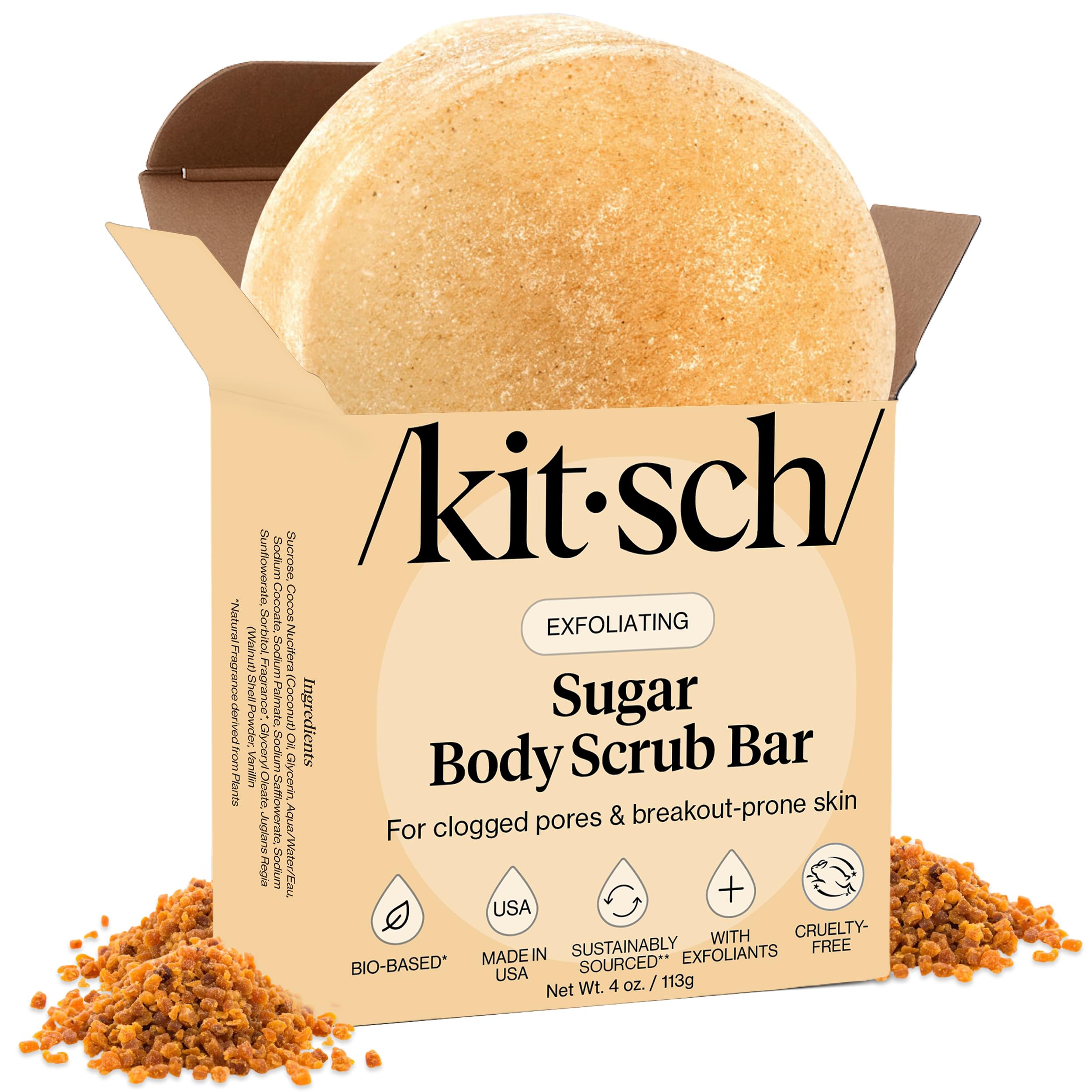 Kitsch Exfoliating Sugar Scrub Bar texture close-up highlighting natural exfoliation.