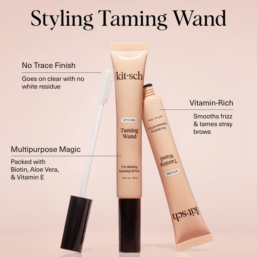 Close-up of Kitsch Fly Away Stick application for precise frizz control.
