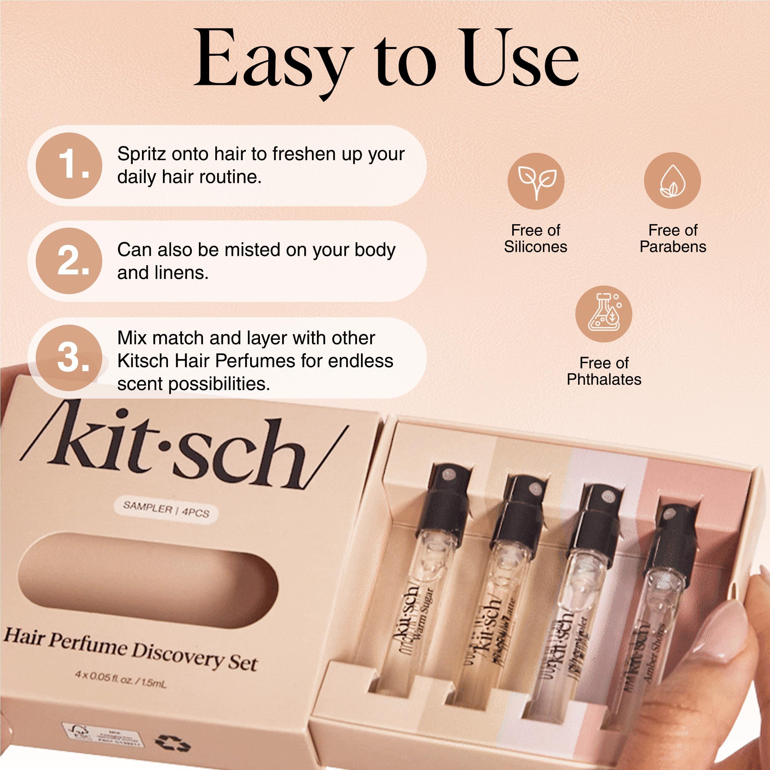 Kitsch packaging for hair perfume discovery set highlighting eco-conscious materials