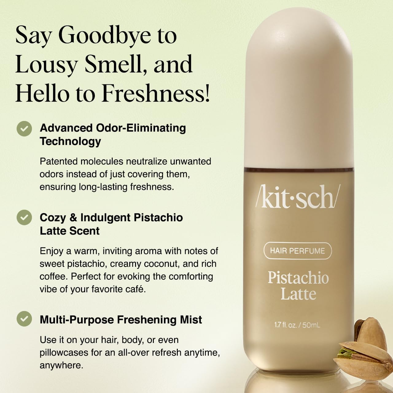 Kitsch Pistachio Latte spray close-up; odor-eliminating tech refreshes gym hair.