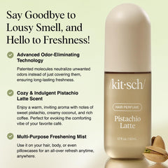 Kitsch Pistachio Latte spray close-up; odor-eliminating tech refreshes gym hair.