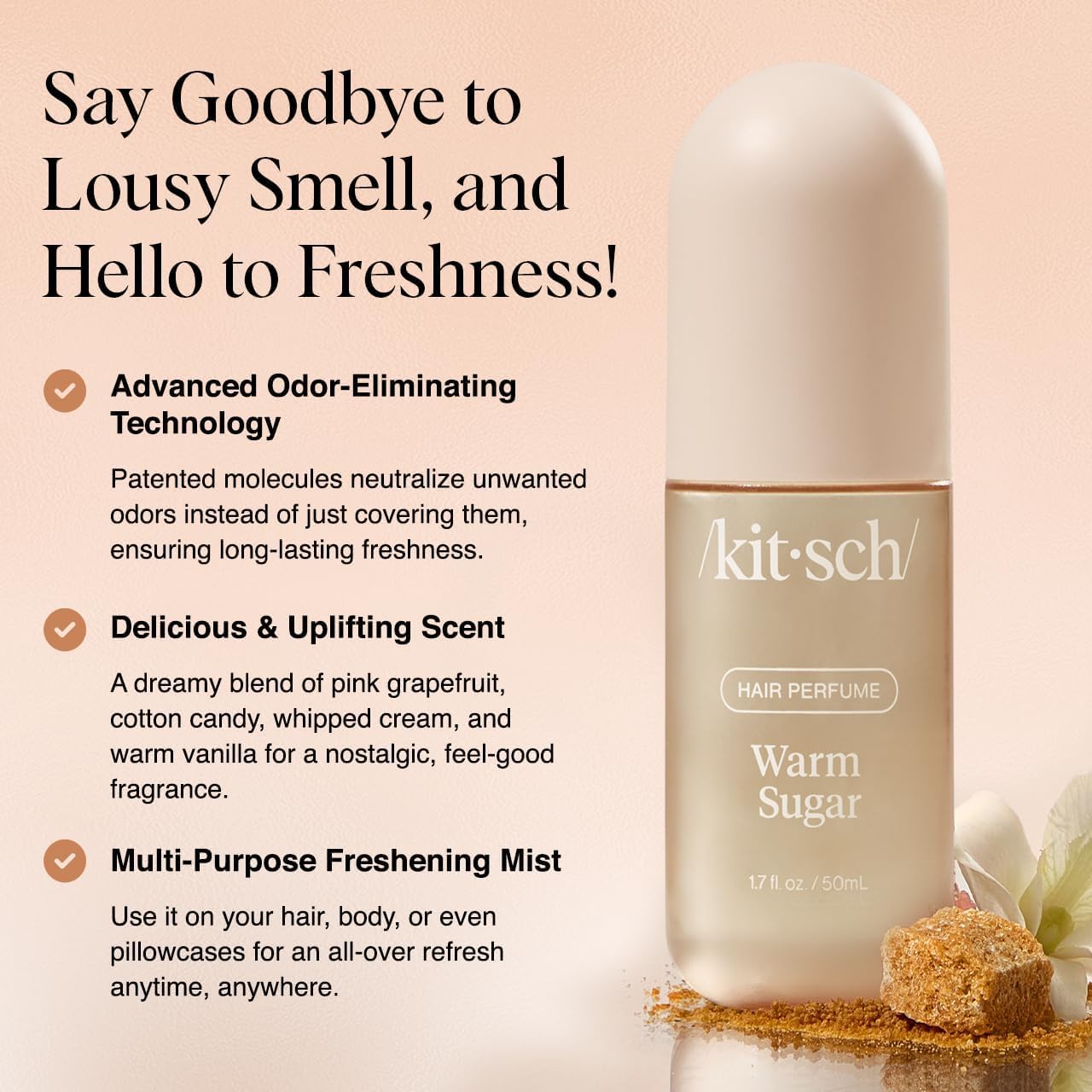 Kitsch Hair Perfume Warm Sugar spray cap close-up for a quick hair refresh between activities.