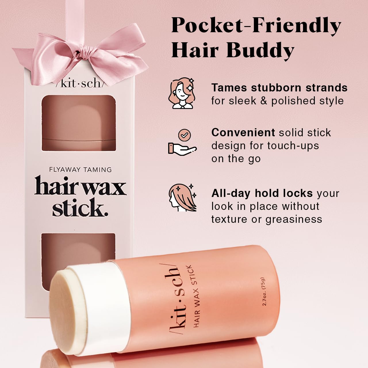 Kitsch Hair Wax Stick anti-frizz close-up showing sleek, residue-free finish.