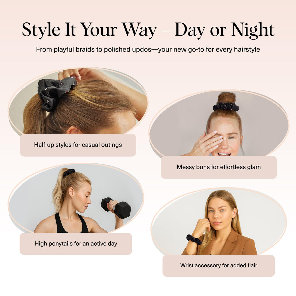 Kitsch half-up ponytail style using fabric rhinestone scrunchie for versatile looks.