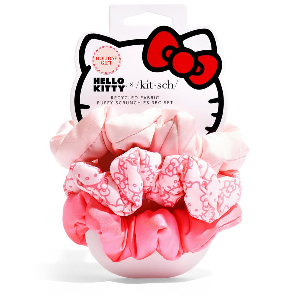 Kitsch Hello Kitty satin scrunchies 3pc flatlay for versatile styling.
