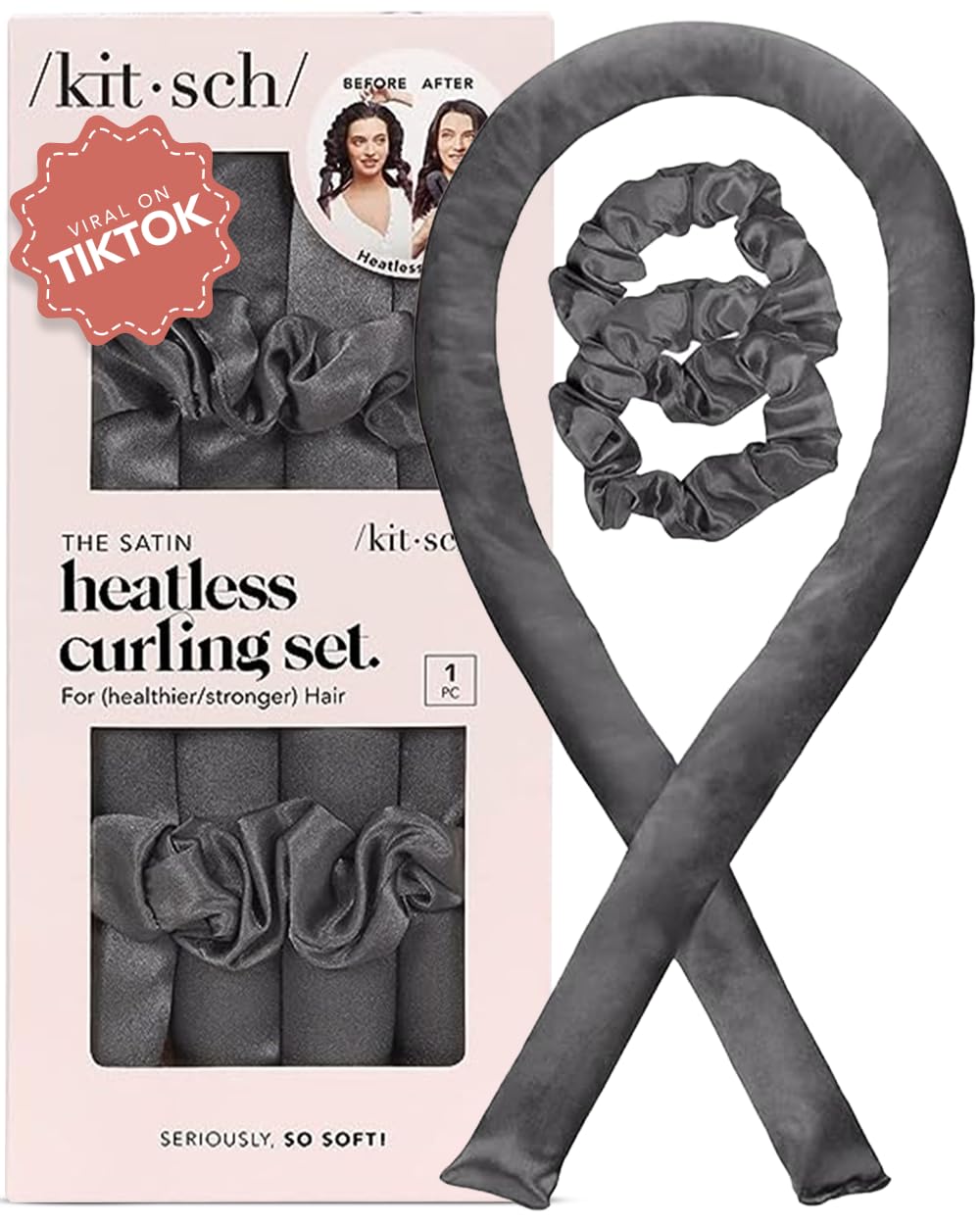 Kitsch silk heatless hair curler rod in Charcoal for overnight curls