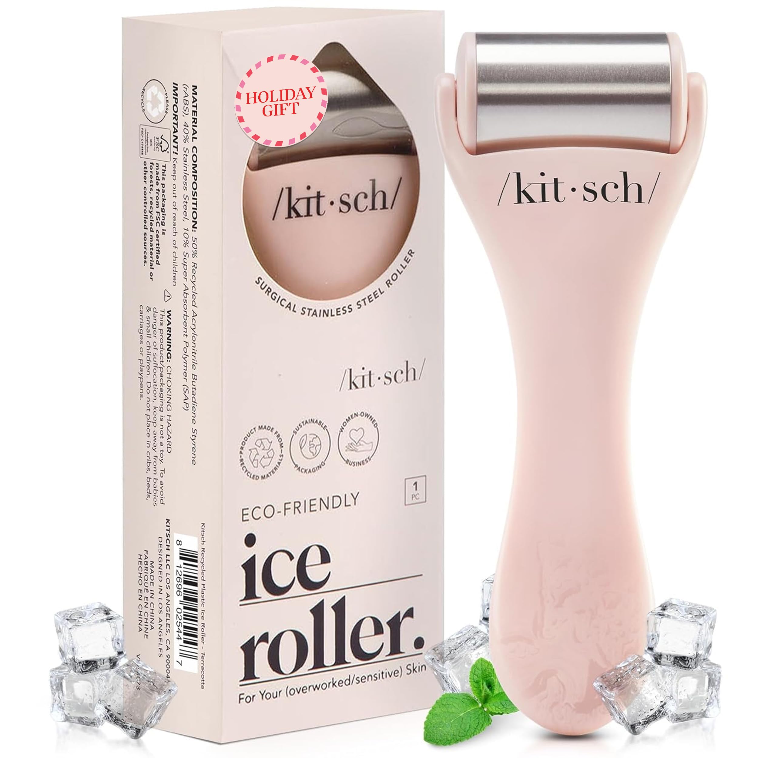 Kitsch Ice Roller face stainless steel pink for cooling and puffiness reduction.