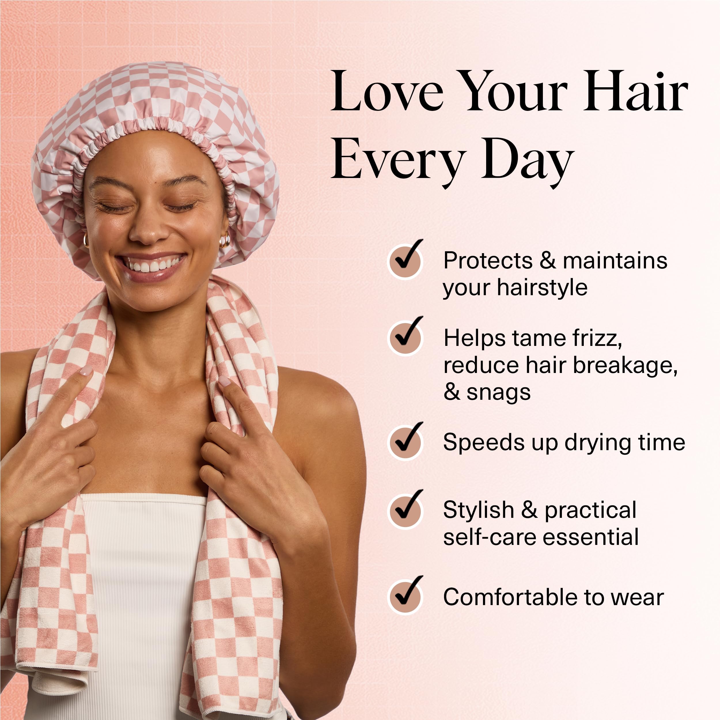 Kitsch Love & Comfort adjustable-wire shower cap demonstrates secure fit for all hair types.