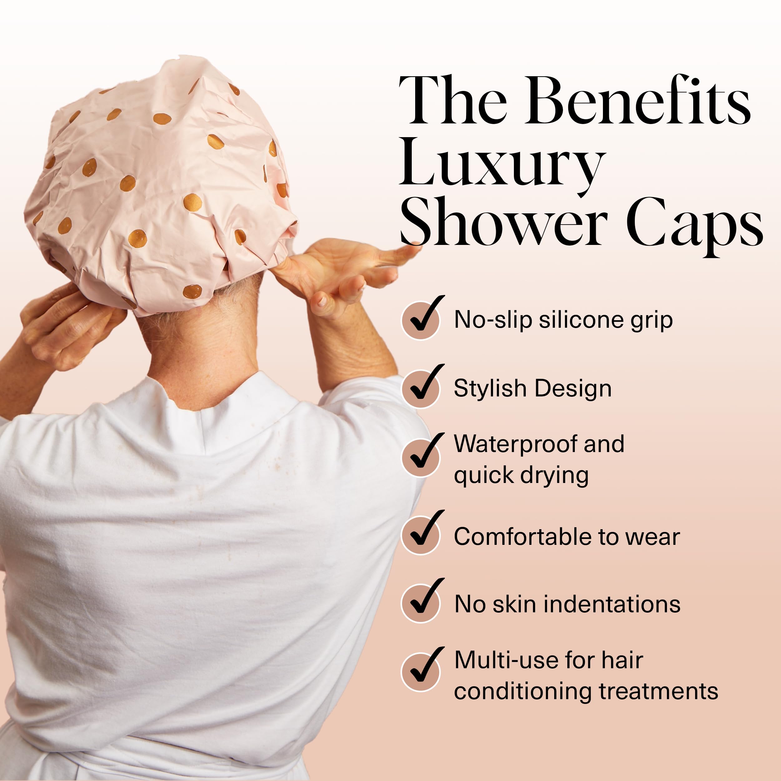 Kitsch Luxury Shower Cap on head demonstrates secure fit for comfortable long or short hair.
