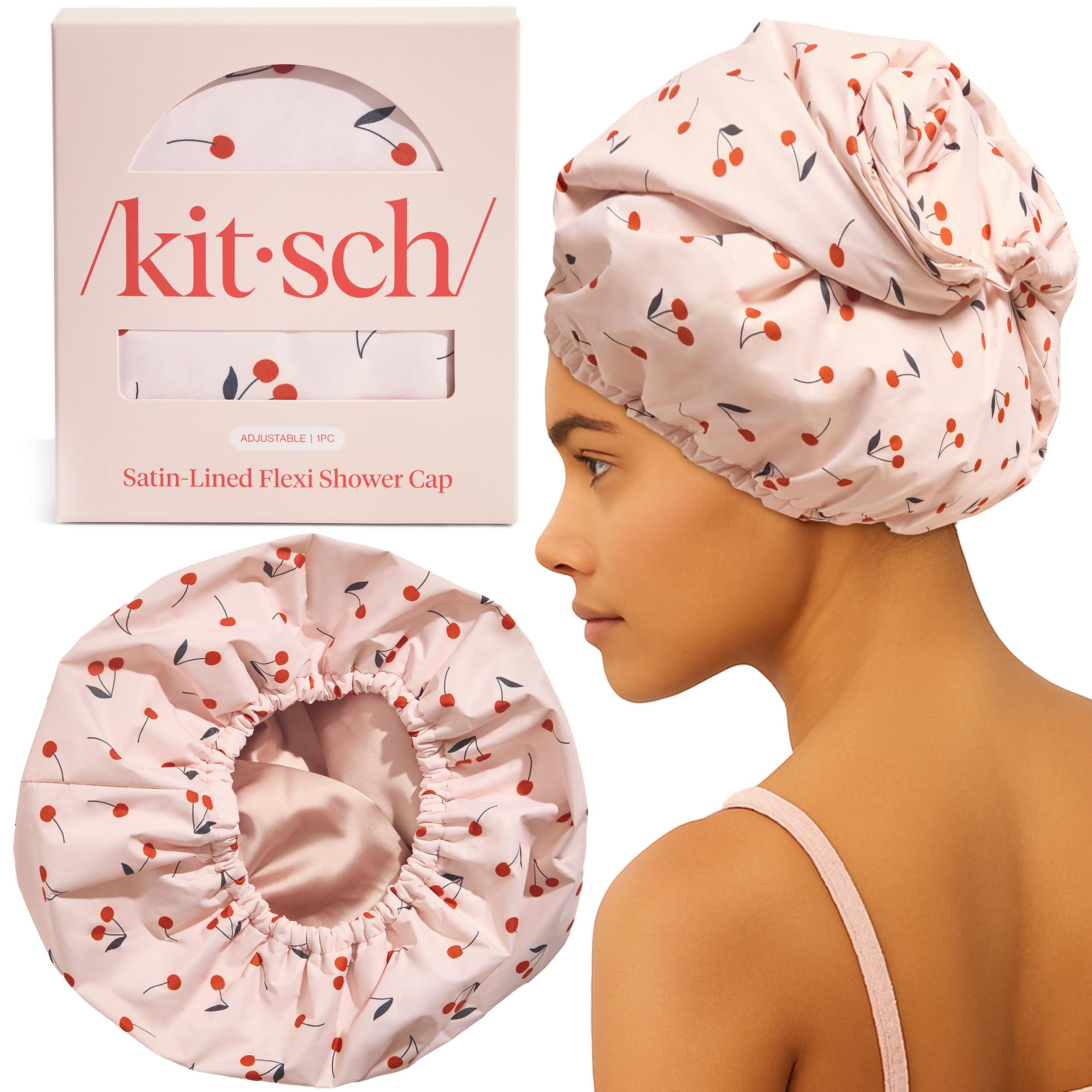 Kitsch luxury cherry print cap keeps hair dry with satin lining
