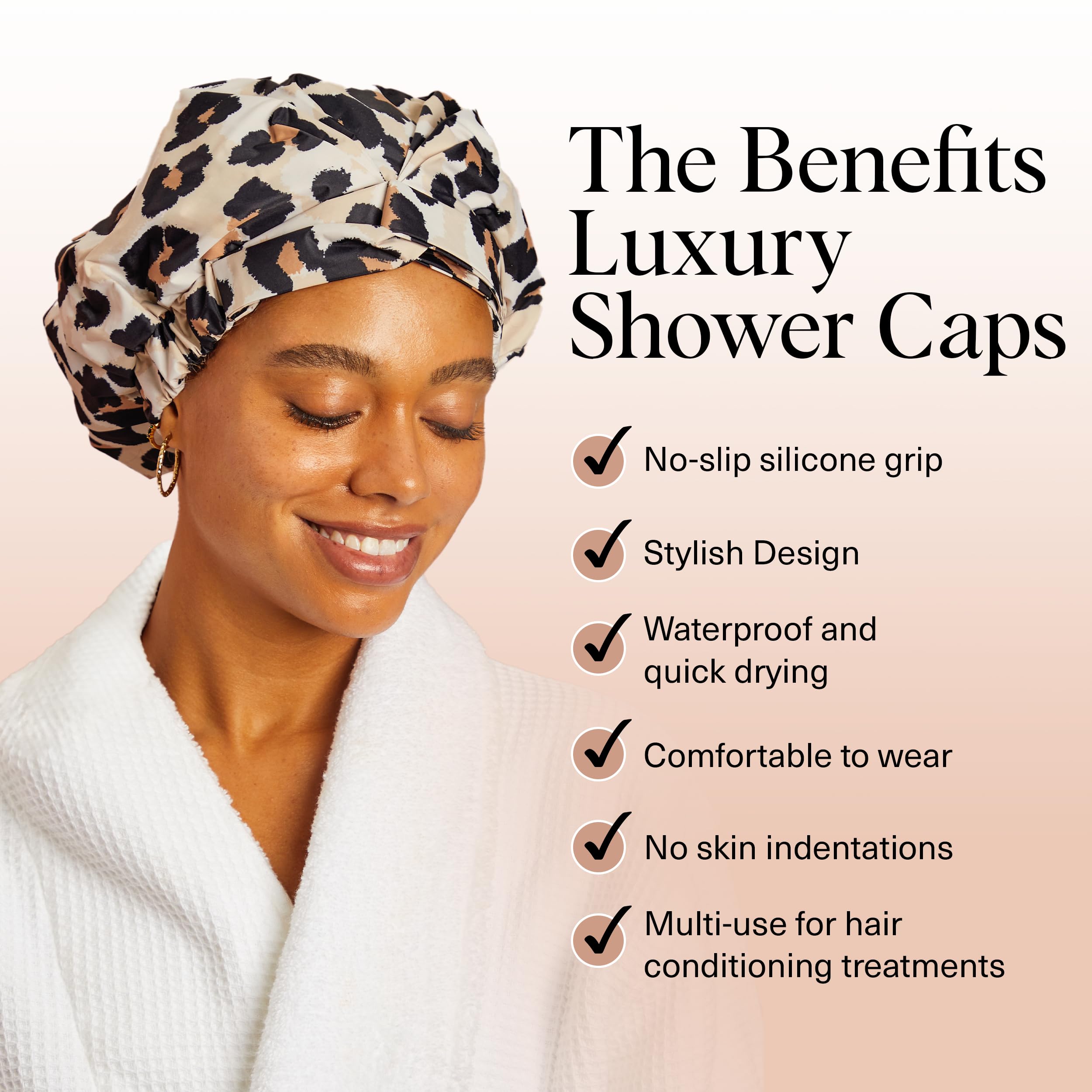 Kitsch luxury shower cap leopard-design on head demonstrates secure, non-slip fit.