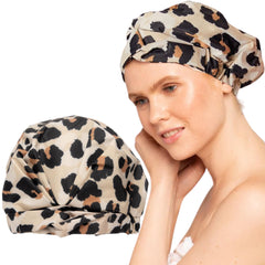 Kitsch luxury shower cap leopard-pattern closeup shows waterproof fabric for daily protection.