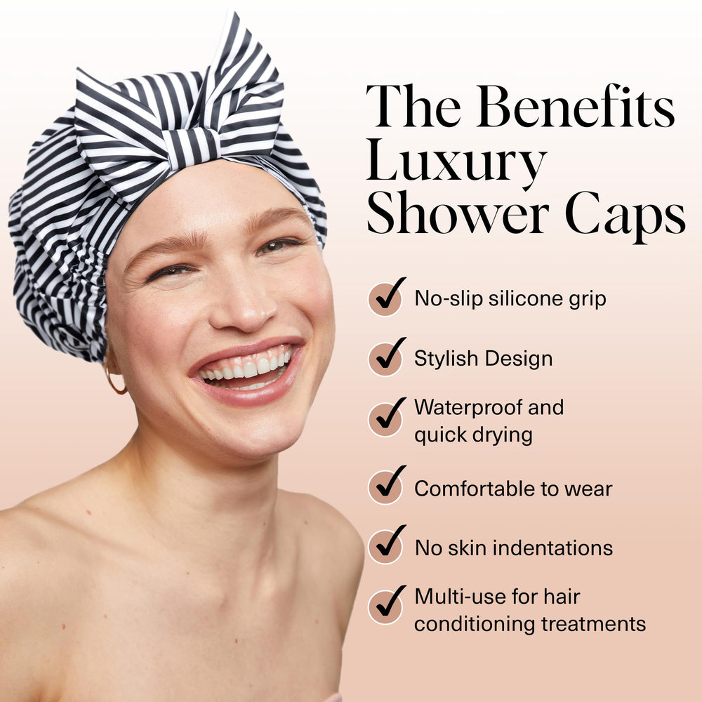Kitsch Luxury Shower Cap Stripe closeup of material showing waterproof fabric and stitching