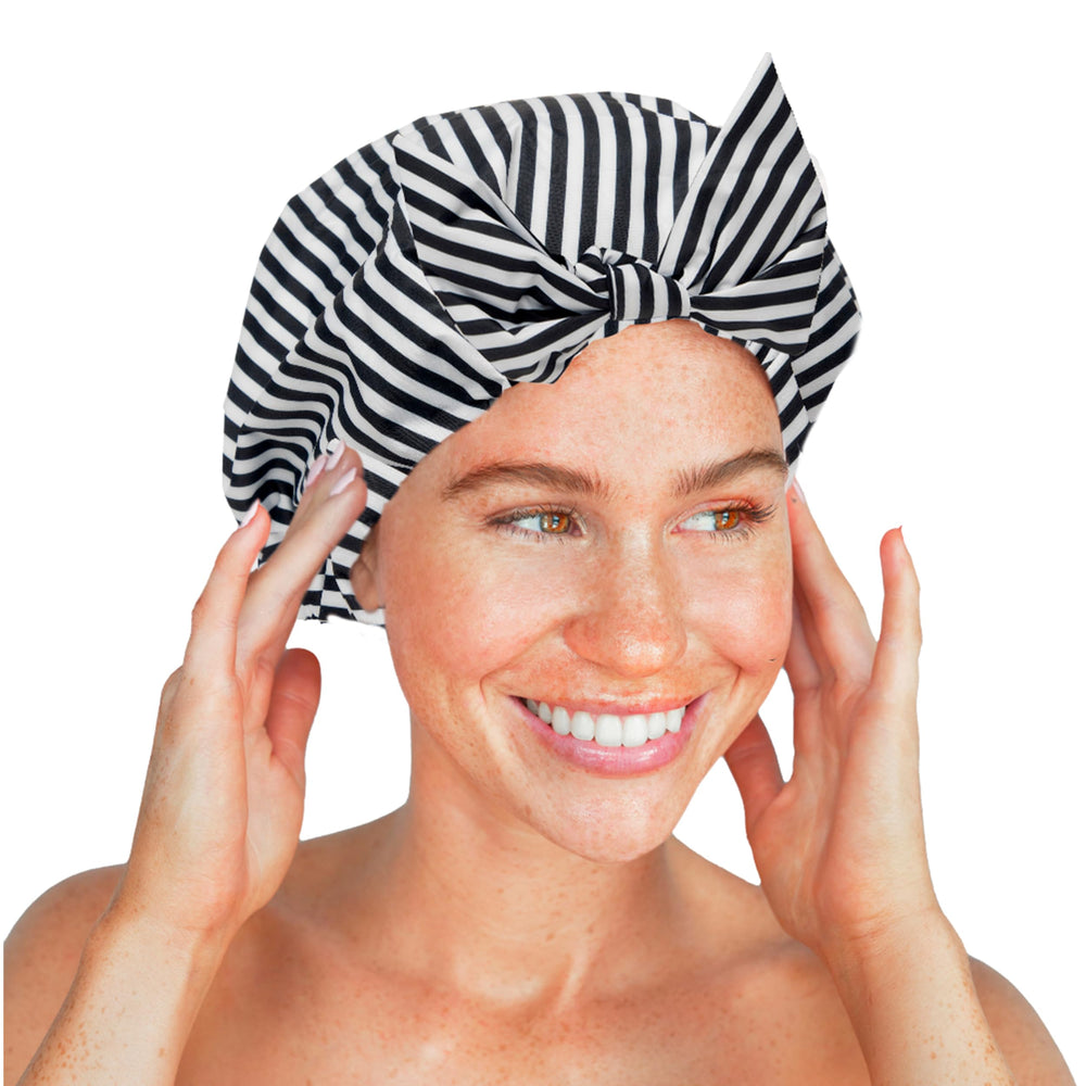Kitsch Luxury Shower Cap Stripe long-hair use demonstrates versatility for busy routines
