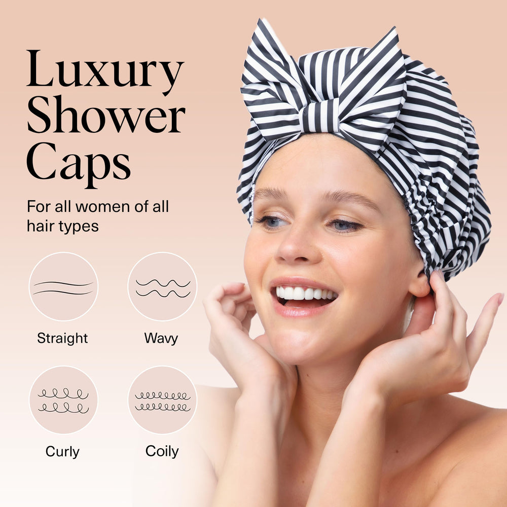 Kitsch Luxury Shower Cap Stripe on head model demonstrates secure fit and comfortable coverage