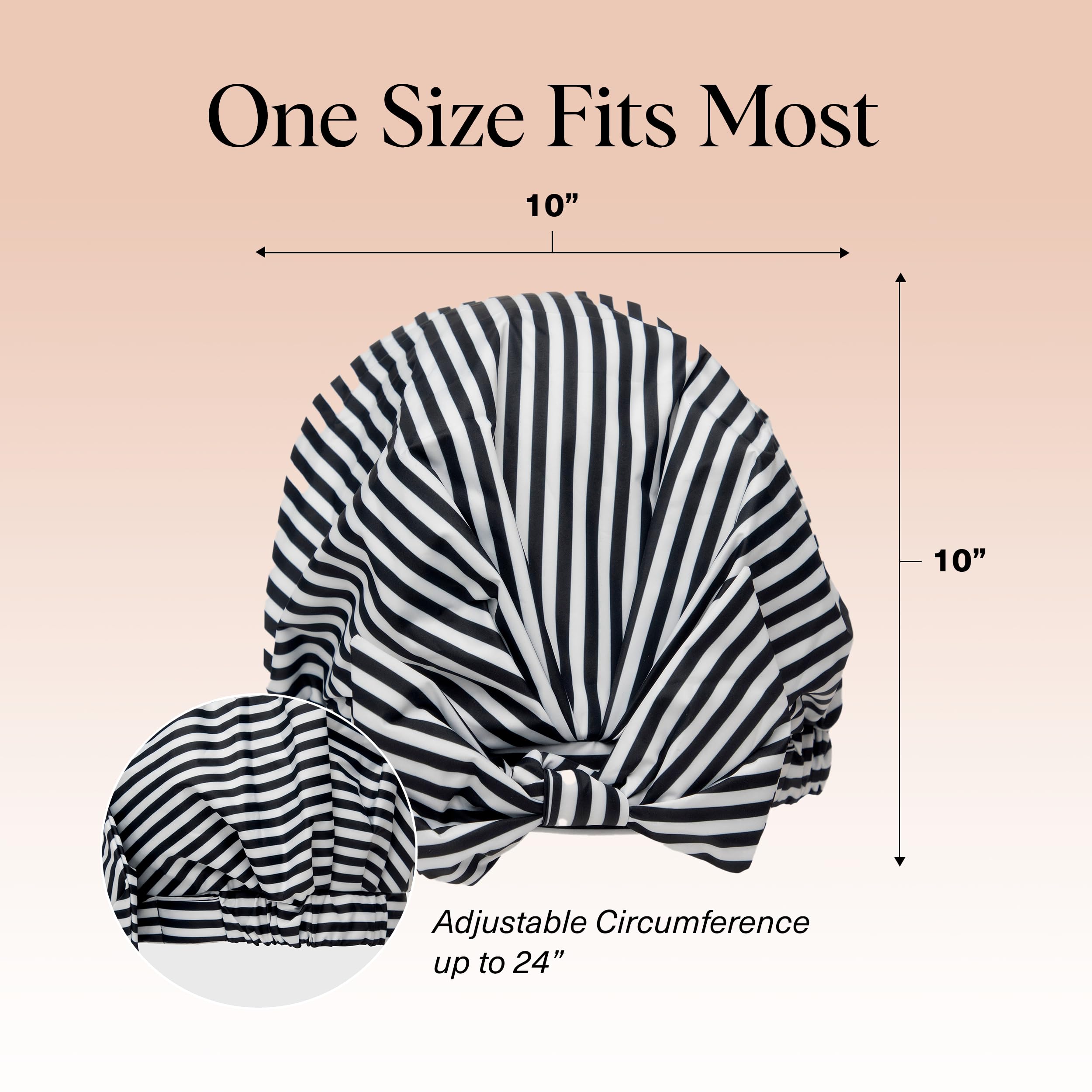 Kitsch Luxury Shower Cap Stripe wide-fit design accommodates various hair lengths and styles