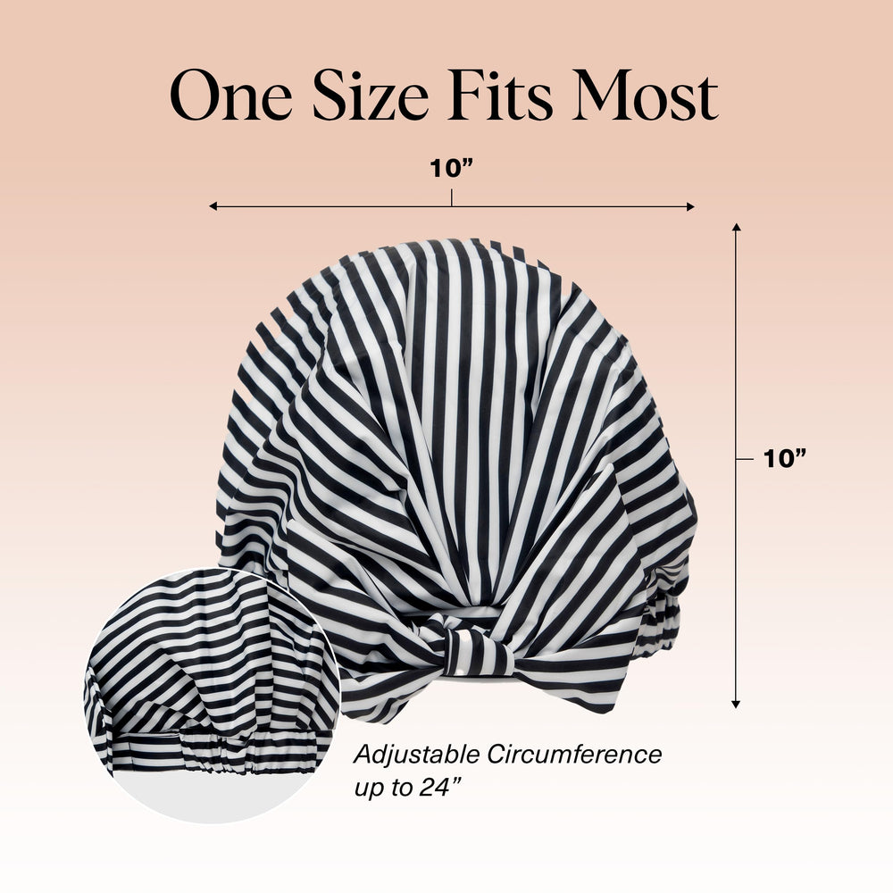 Kitsch Luxury Shower Cap Stripe wide-fit design accommodates various hair lengths and styles