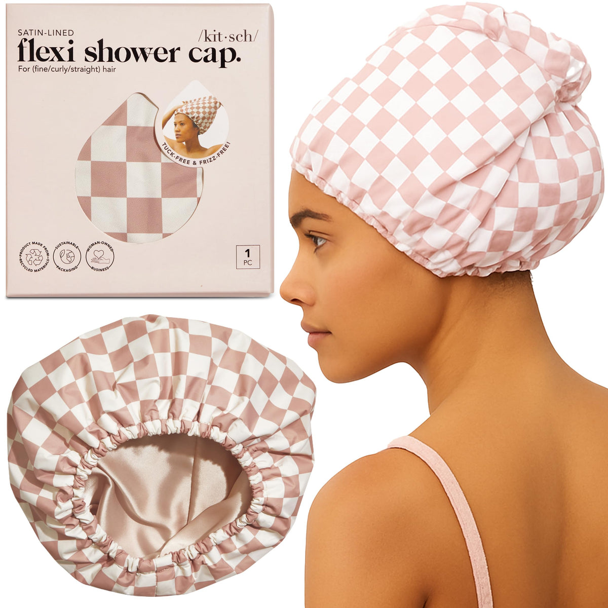 Kitsch luxury shower cap Terra checker pattern protects hair while showering