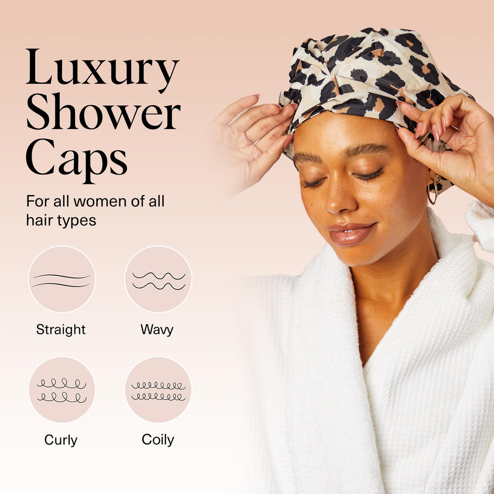 Kitsch luxury shower cap waterproof-material closeup highlights durable, reusable design.