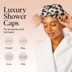 Kitsch luxury shower cap waterproof-material closeup highlights durable, reusable design.