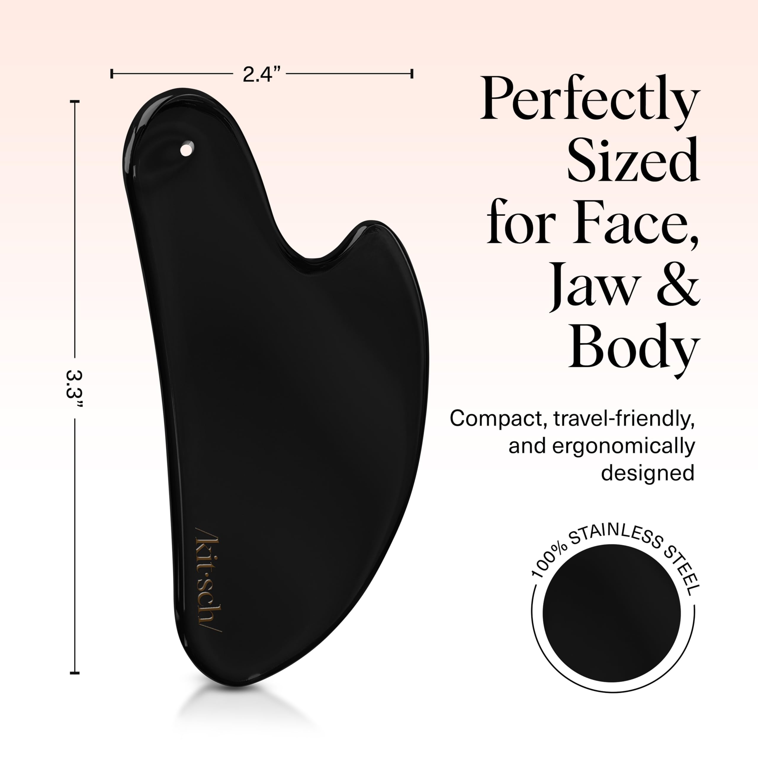 Kitsch matte-black finish gua sha tool closeup emphasizes elegant skincare accessory.