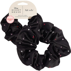 Kitsch Mickey Minnie fabric rhinestone scrunchie in black closeup shows secure hold.