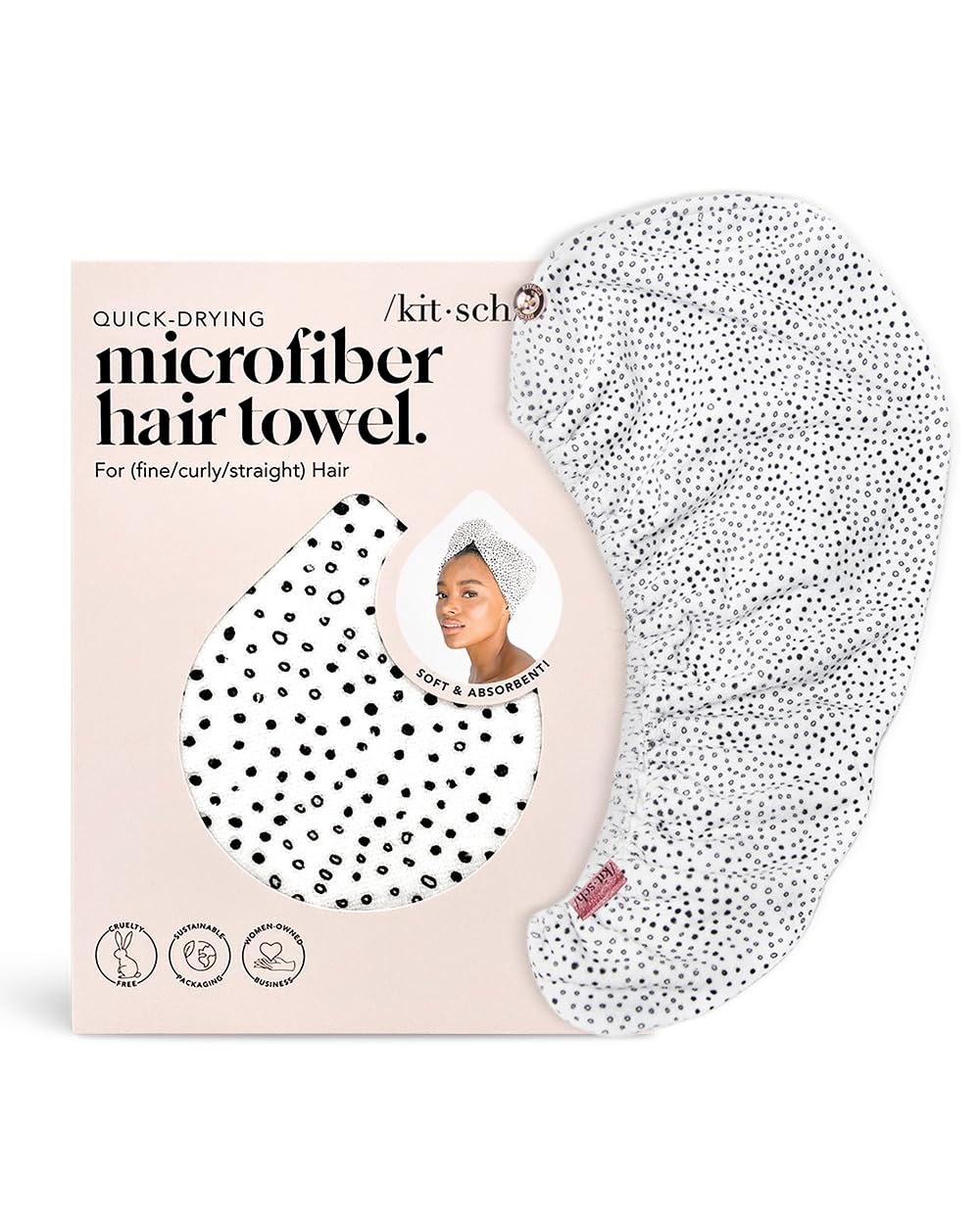 Kitsch microfiber hair towel wrap emphasizes fast absorbency for quick drying