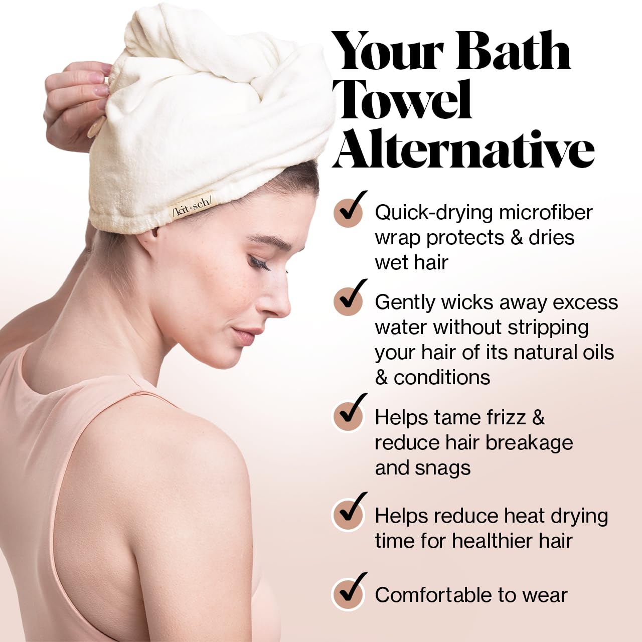 Kitsch microfiber hair towel wrap anti-frizz closeup highlights smoothing effect on damp hair.