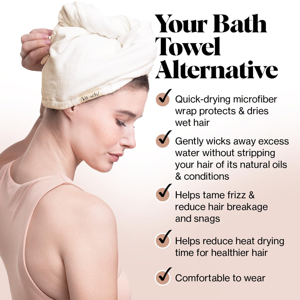Kitsch microfiber hair towel wrap anti-frizz closeup highlights smoothing effect on damp hair.