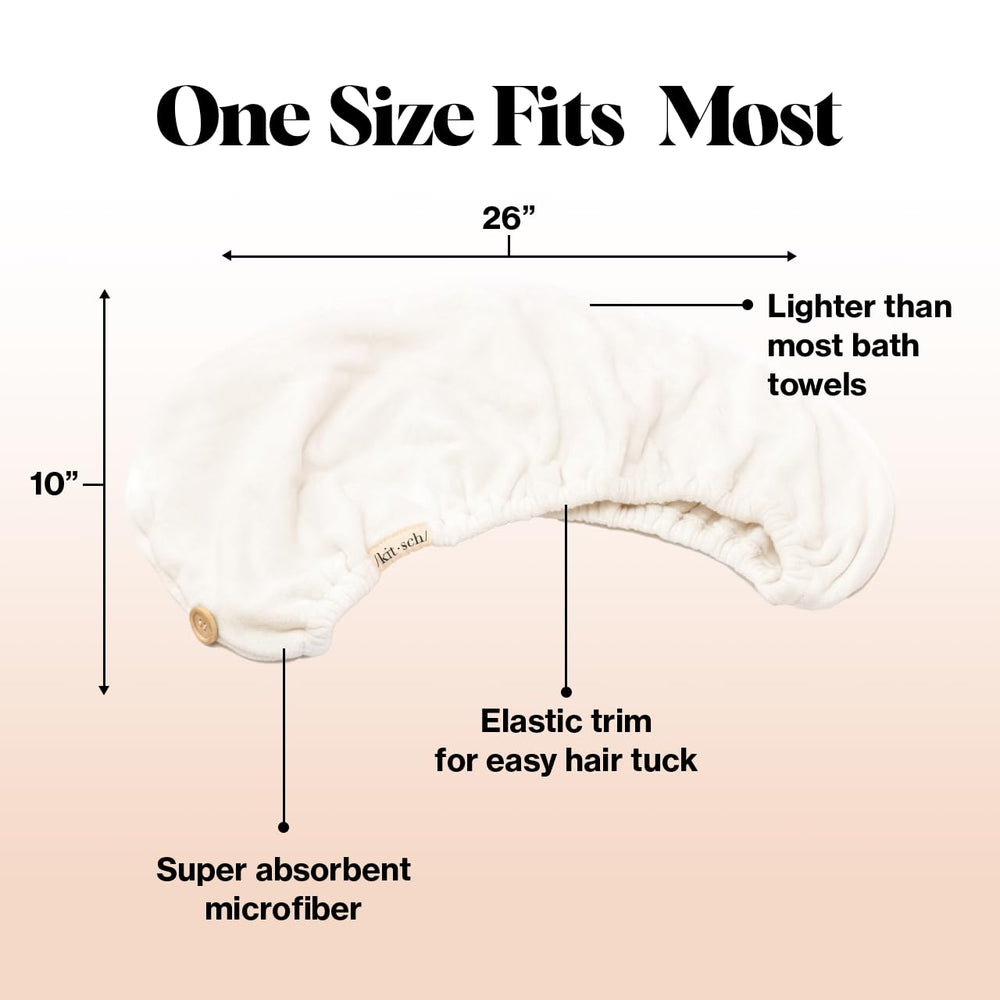 Kitsch microfiber hair towel wrap quick-dry test image suggests time-saving benefits after shower.