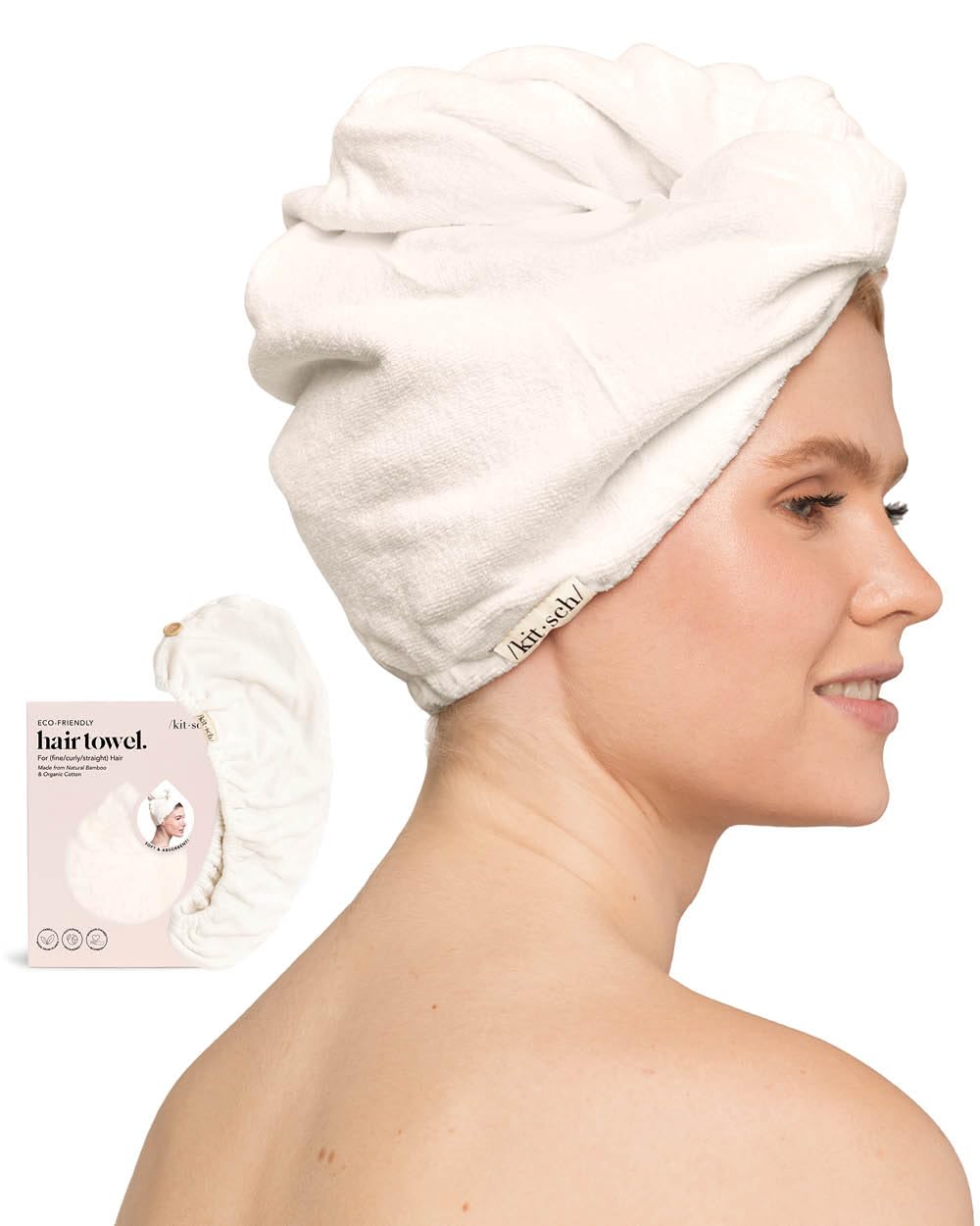 Kitsch microfiber hair towel wrap washable reusable lifestyle shot.