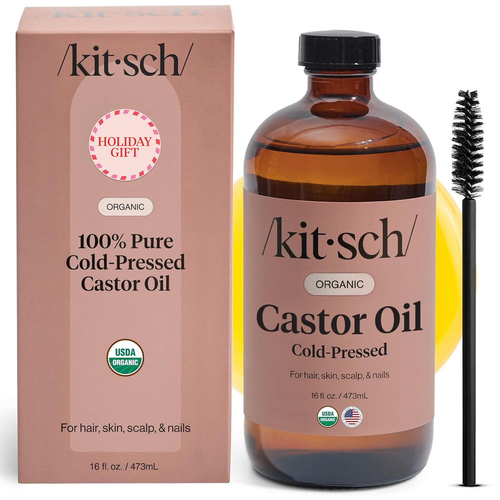 Kitsch Organic Castor Oil bottle front shows pure oil for hair growth and skin hydration