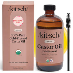 Kitsch Organic Castor Oil bottle front shows pure oil for hair growth and skin hydration