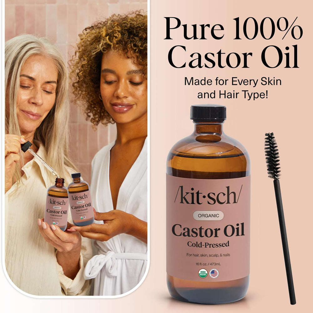Kitsch Organic Castor Oil bottle pour demonstrates easy application for lashes and brows