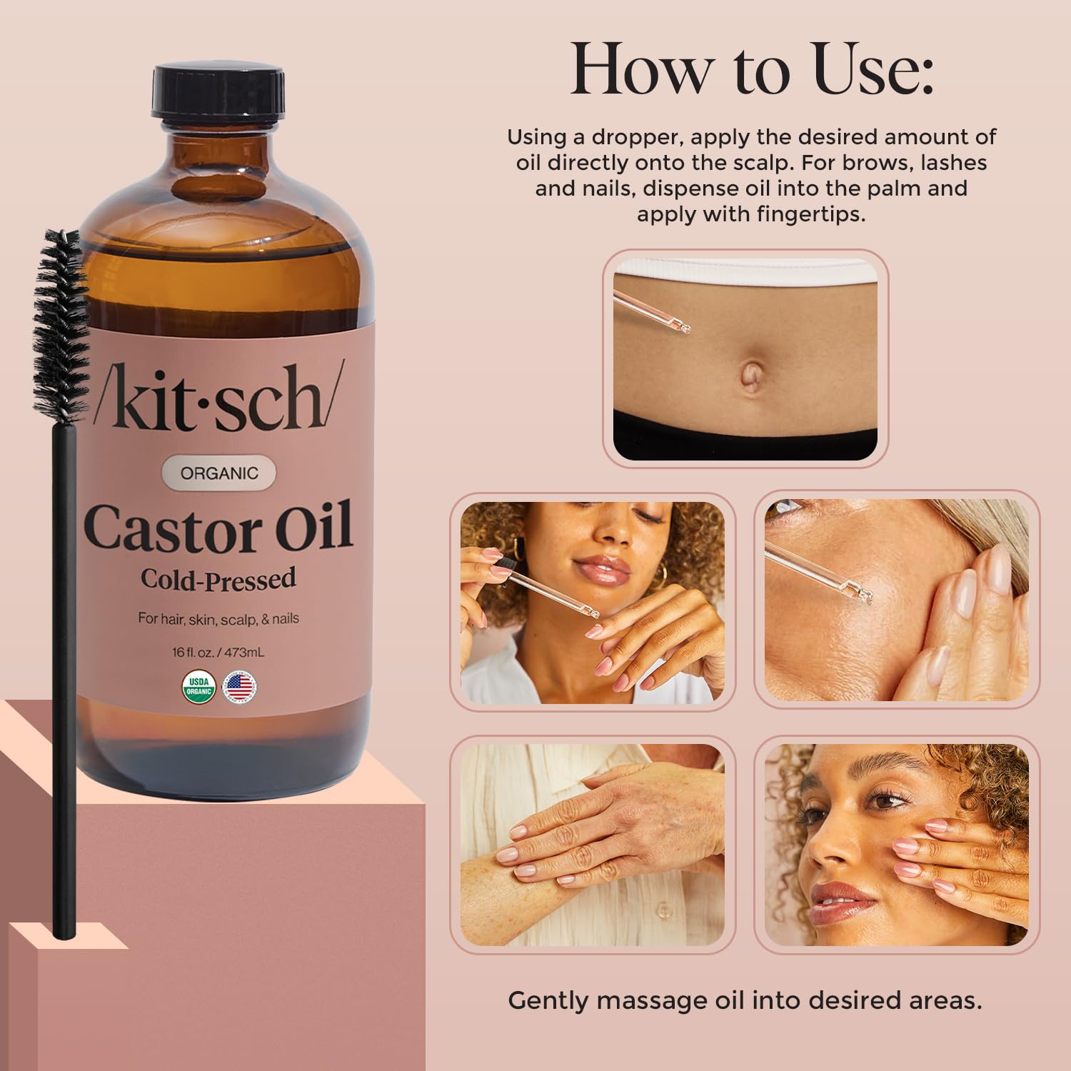 Kitsch organic castor oil packaging highlighting vegan and cruelty-free status
