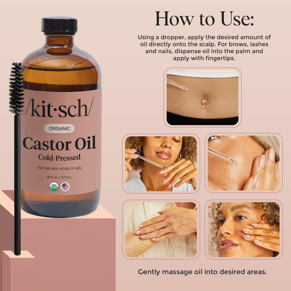 Kitsch organic castor oil packaging highlighting vegan and cruelty-free status