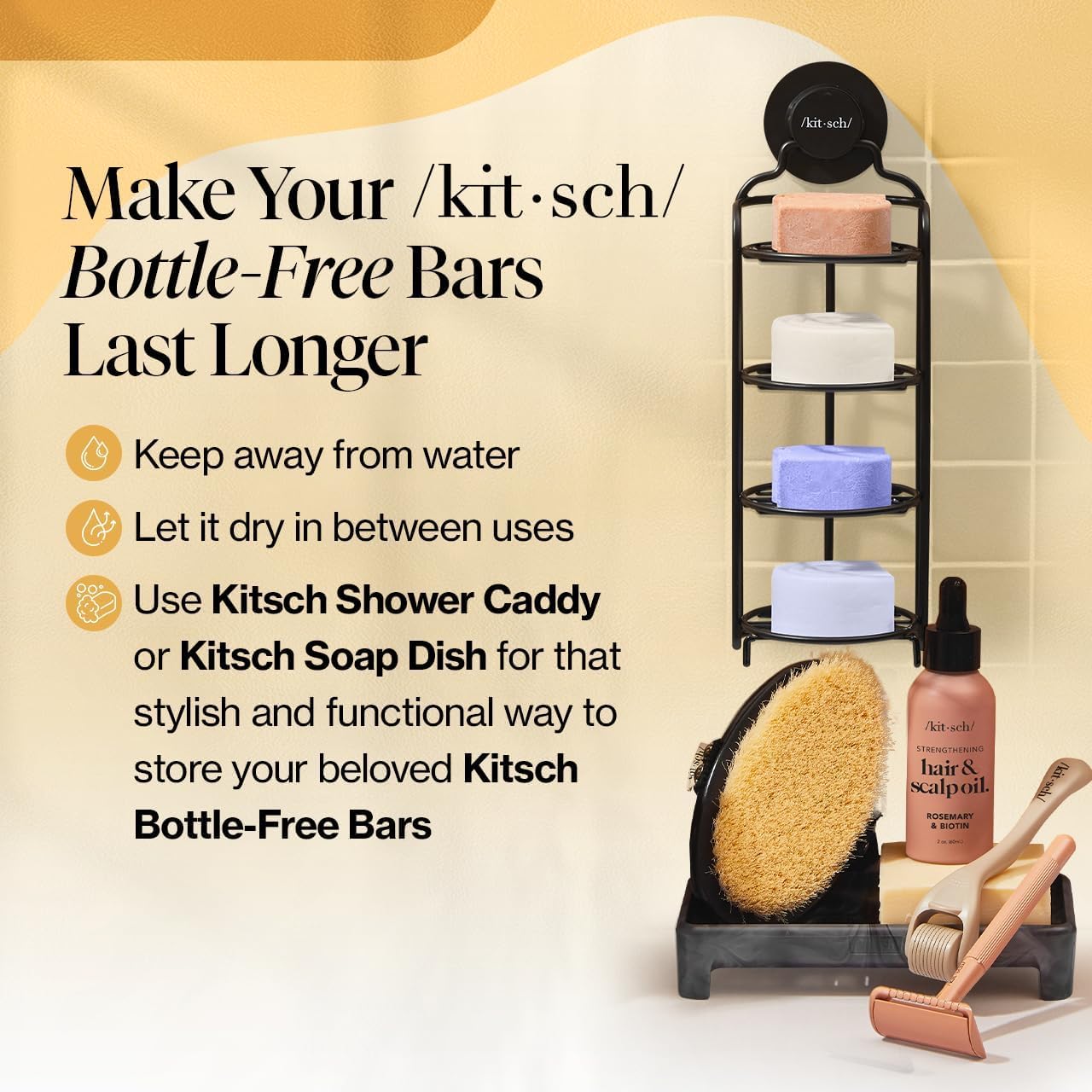 Kitsch solid bars show plant-based nourishment with shea butter and essential oils.