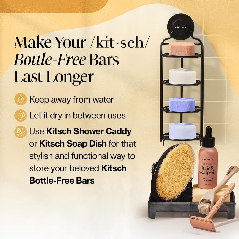 Kitsch solid bars show plant-based nourishment with shea butter and essential oils.