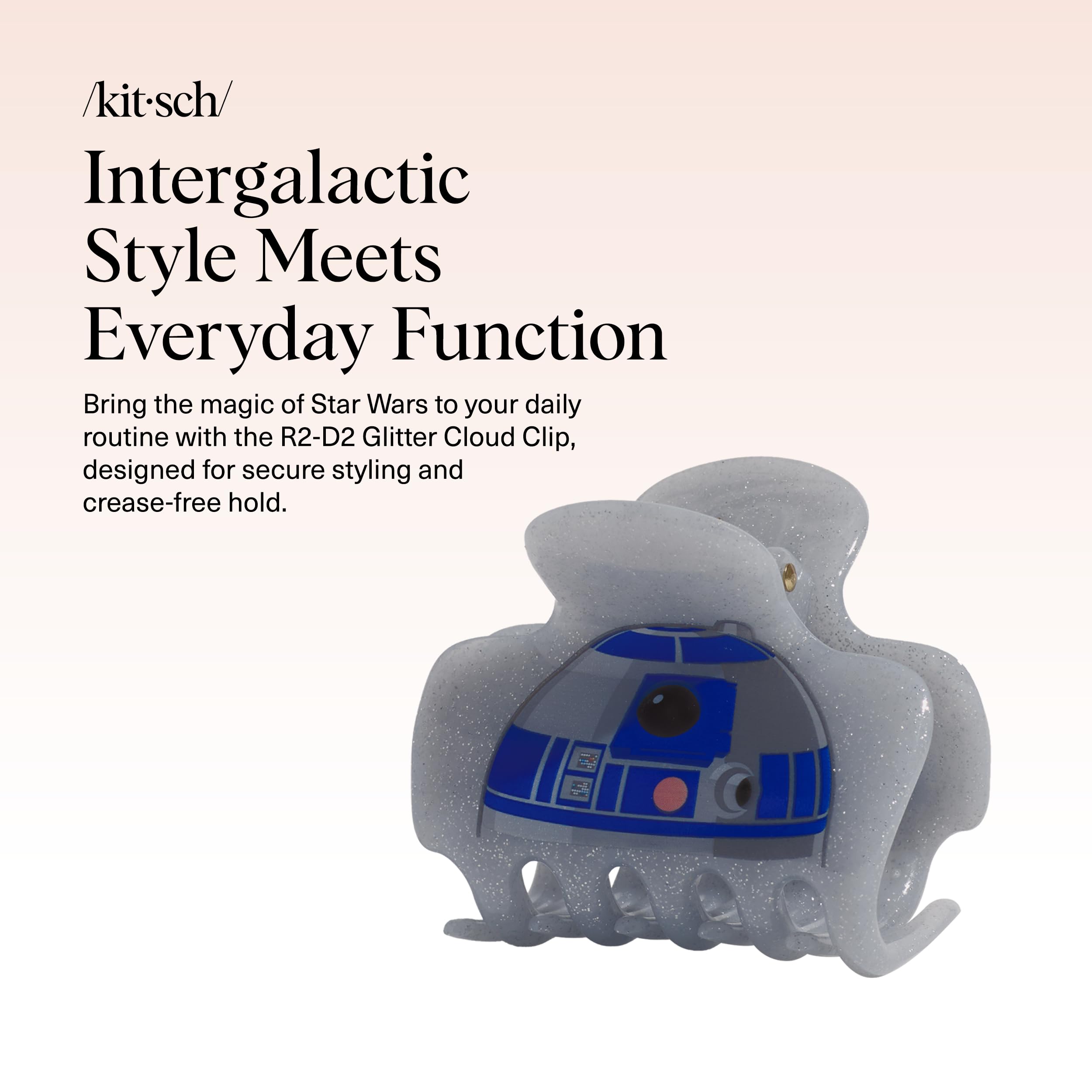 Kitsch r2d2 glitter clip closeup shows shimmering finish and steady grip