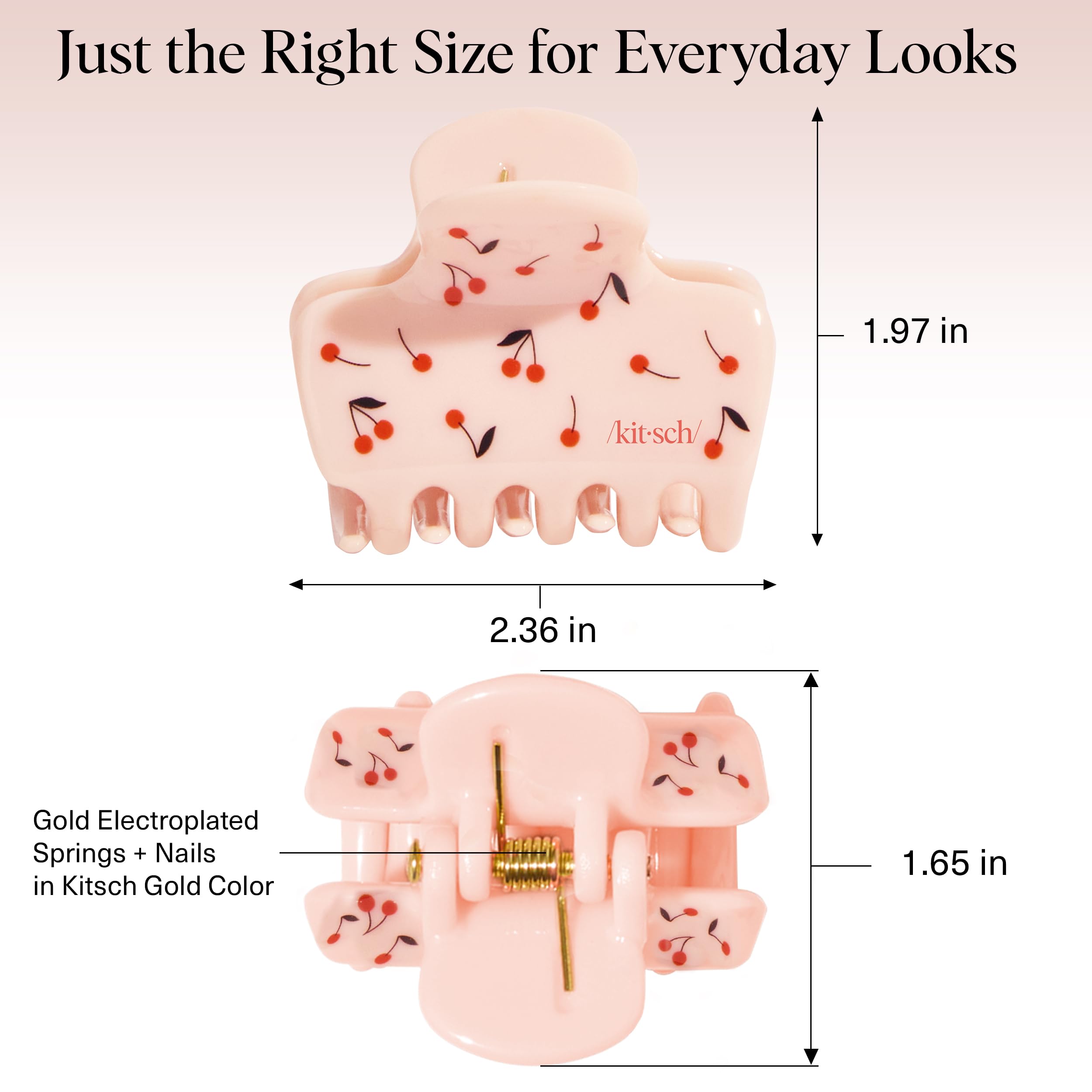 Kitsch cherry-print clip demonstrates all-day non-slip grip.
