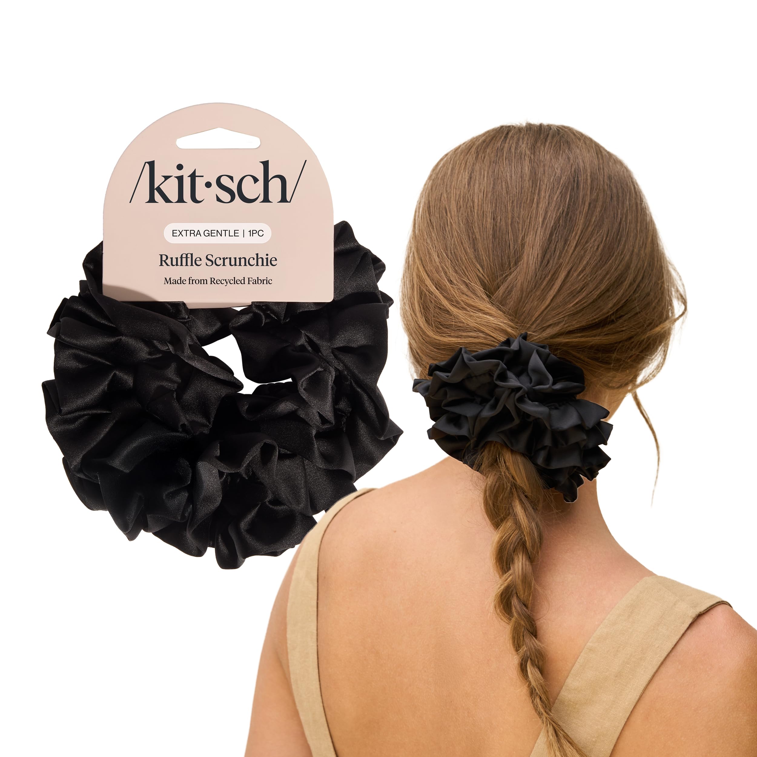 Kitsch recycled satin ruffle scrunchie close-up shows gentle, secure hold