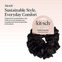 Kitsch recycled satin ruffle scrunchie on ponytail demonstrates stylish, versatile styling