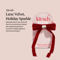 Kitsch red velvet bow clip detail, ideal for holiday sparkle.