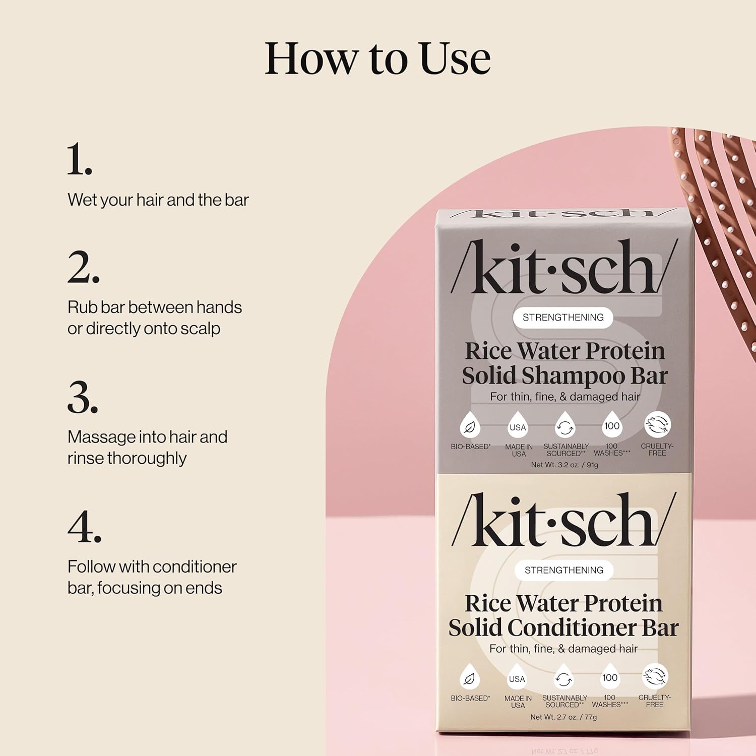 Kitsch rice water-bar on shelf hints nourishing shine and softer feel.