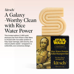 Kitsch shampoo bar close-up reveals rice water ingredients for nourished, manageable hair.