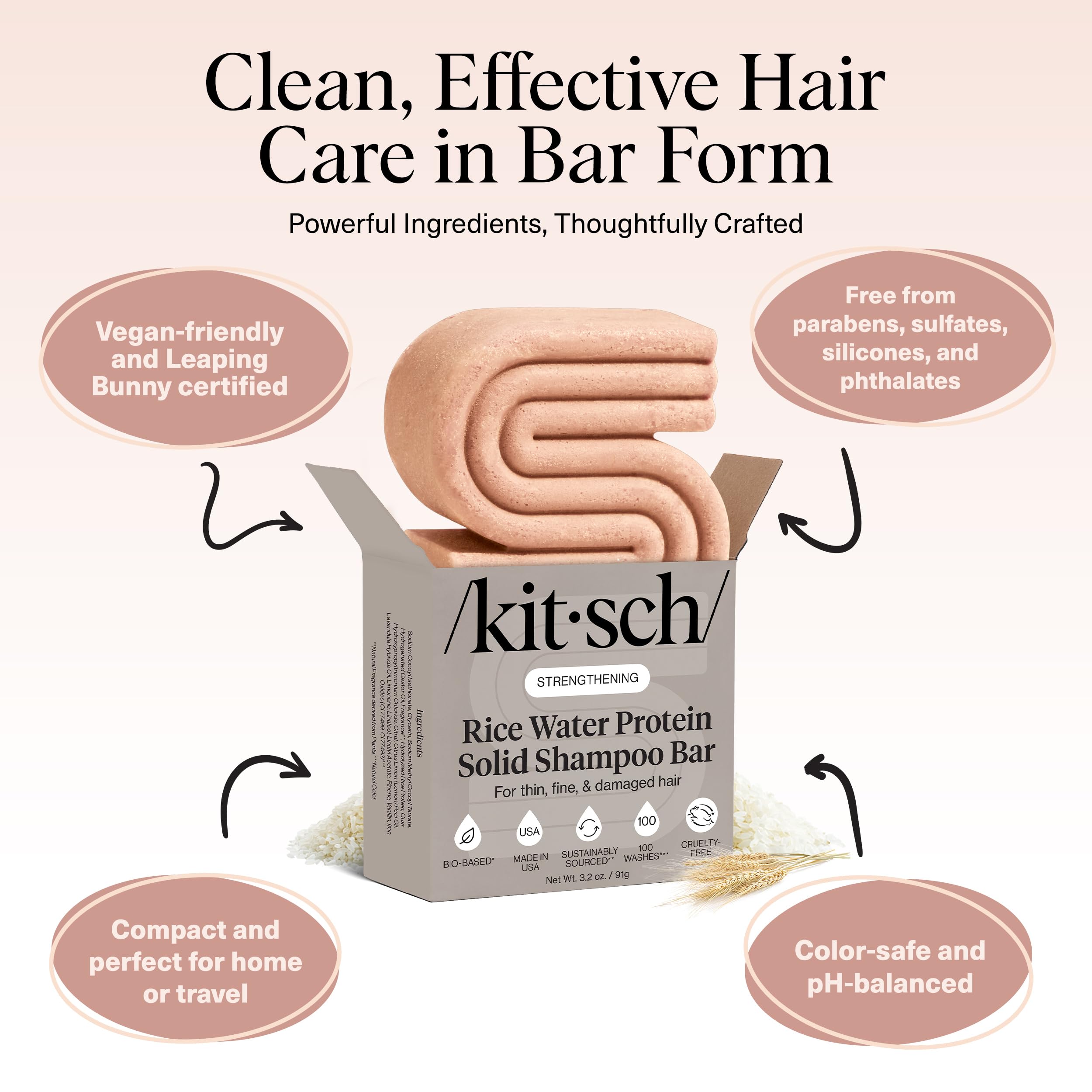 Kitsch Rice Water Shampoo Bar ingredients close-up featuring rice protein